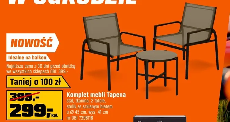 Komplet mebli Tapena stal, tkanina, 2 fotele, stolik ze szklanym blatem o Ø 45 cm, wys. 41 cm OBI promocja w OBI