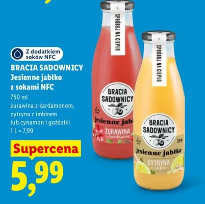 Jesienne jabłko z sokami NFC cytryna z imbirem Bracia Sadownicy promocja w Lidl