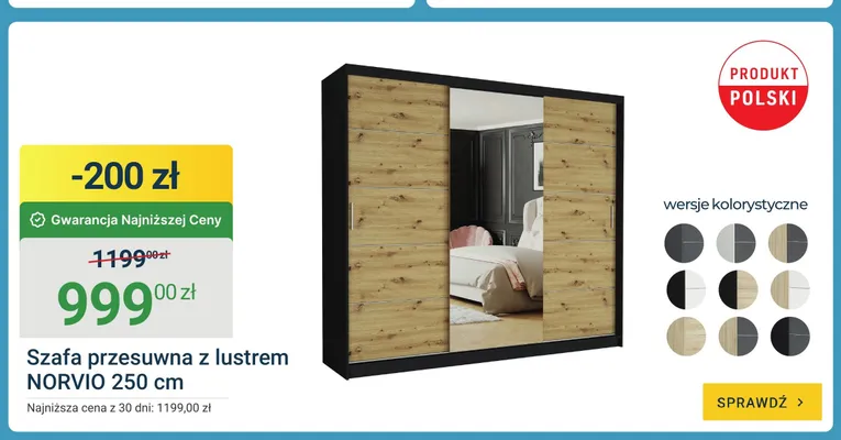 Szafa przesuwna z lustrem NORVIO 250cm promocja w ERLI
