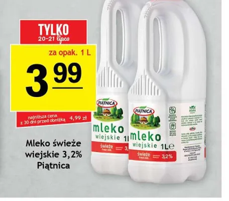 Mleko świeże wiejskie 3,2% Piątnica promocja w Gram Market