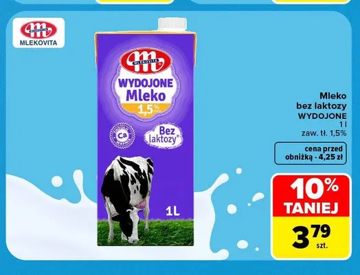 Mleko bez laktozy Wydojone Mlekovita 1,5% promocja w Carrefour