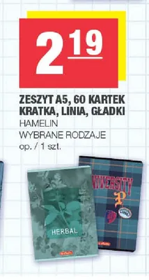 Zeszyt A5 60 kartek kratka linia gładki Hamelin promocja w SPAR