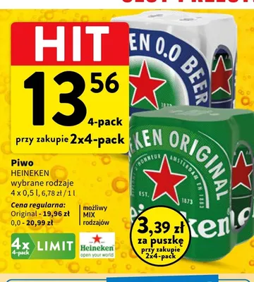 Piwo bezalkoholowe Heineken 4-pak 500 ml promocja w Intermarche