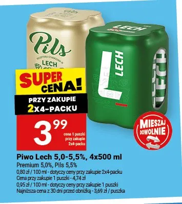 Piwo Lech Pils 5,5% 4-pak 500ml promocja w Twój Market