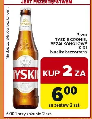 Piwo bezalkoholowe butelka bezwrotna Tyskie Gronie promocja w Carrefour Express