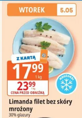 Limanda filet bez skóry mrożony 30% glazury promocja w Leclerc