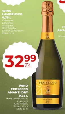 Wino białe, półwytrawne, musujące Prosecco Amanti Dry promocja w Duży Ben
