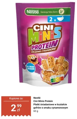 Płatki śniadaniowe Nestlé Cini Minis Protein w kształcie gofrów o smaku cynamonowym promocja w Dino