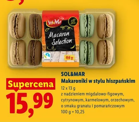 Makaroniki w stylu hiszpańskim Sol&Mar z nadzieniem migdałowo-figowym cytrynowym karmelowym orzechowym o smaku granatu i pomarańczowym promocja w Lidl