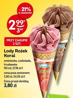 Lody rożek koral śmietanka, czekolada, truskawka promocja w Żabka