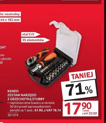 Zestaw narzędzi z grzechotką stubby Kendo promocja w Selgros