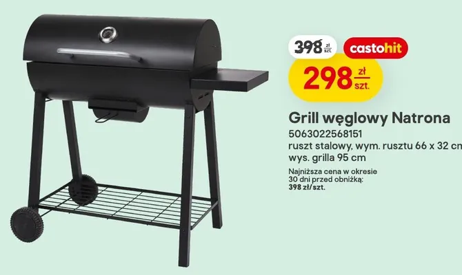 Grill węglowy Natrona ruszt stalowy wym. rusztu 66x32cm wys. grilla 95cm promocja w Castorama