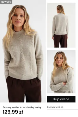 Beżowy sweter z domieszką wełny promocja w Top Secret