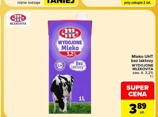 Mleko UHT bez laktozy Wydojone Mlekovita 3,2% promocja w Carrefour Market