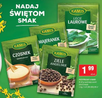 Przyprawy Kamis - czosnek, majeranek, liście laurowe, ziele angielskie promocja w Chorten