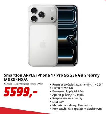 Smartfon APPLE iPhone 17 Pro 5 g 256 GB Srebrny promocja w Media Markt