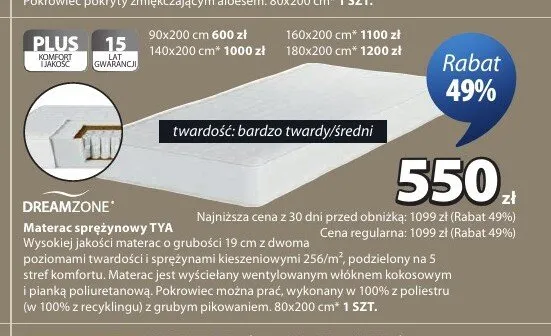 Materac sprężynowy DREAMZONE TYA bardzo twardy/średni 80x200cm promocja w Jysk