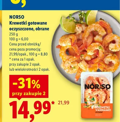 Krewetki gotowane oczyszczone obrane Norso promocja w Lidl