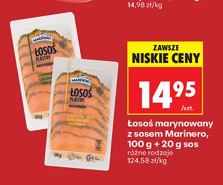 Łosoś marynowany plastry z pieprzem i sosem musztardowo-miodowym Marinero promocja w Biedronka