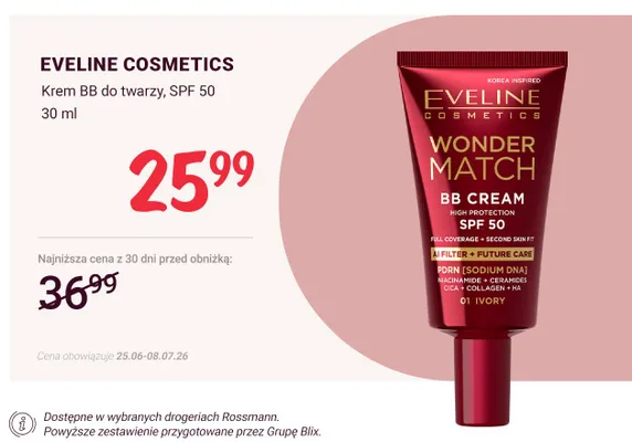 Krem BB do twarzy Eveline Cosmetics Wonder Match SPF 50 promocja w Rossmann