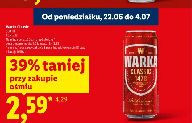 Piwo Warka Classic 500 ml promocja w Lidl