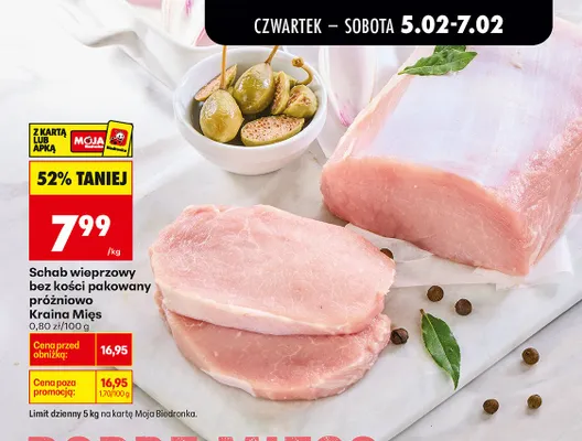 Schab wieprzowy bez kości pakowany próżniowo Kraina Mięs promocja w Biedronka