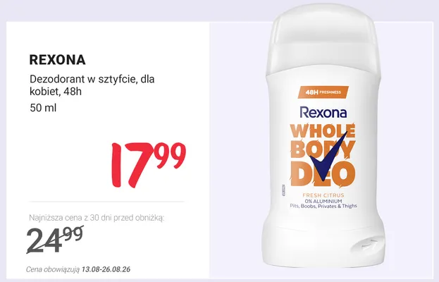 Dezodorant w sztyfcie dla kobiet Rexona Whole Body Deo promocja w Rossmann