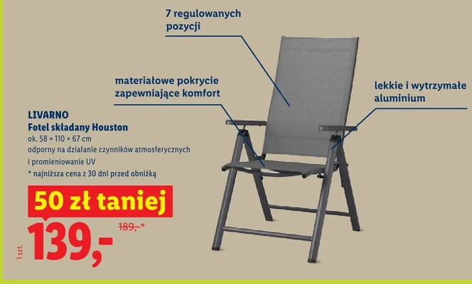 Fotel składany Houston Livarno promocja w Lidl