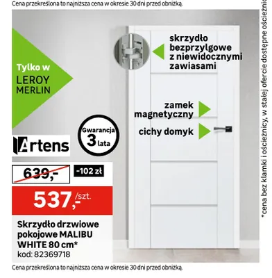 Skrzydło drzwiowe pokojowe Malibu White 80 cm Artens promocja w Leroy Merlin