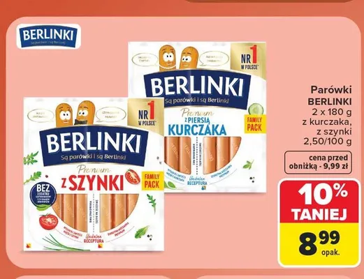 Parówki Berlinki z szynki 2-pak 180 g promocja w Carrefour