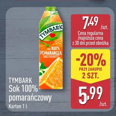 Sok pomarańczowy Tymbark 100% promocja w Aldi