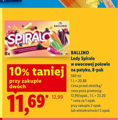 Lody Spiralo w owocowej polewie na patyku BALLINO 8-pak 90ml promocja w Lidl