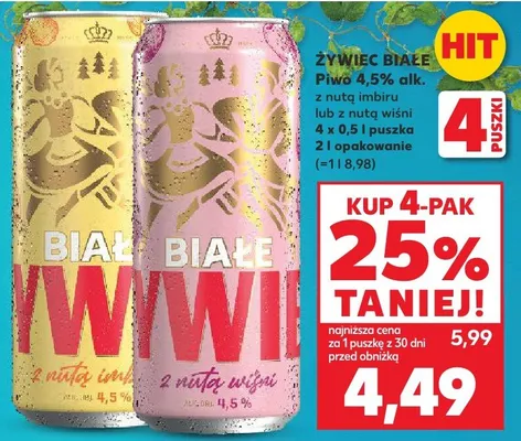 Piwo Żywiec Białe 4,5% alk. z nutą imbiru lub z nutą wiśni promocja w Kaufland