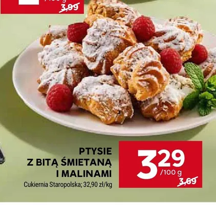 Ptysie z bitą śmietaną i malinami Cukiernia Staropolska promocja w Stokrotka