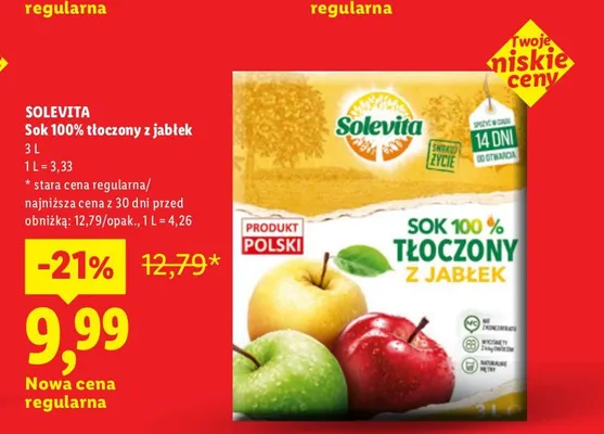 Sok tłoczony z jabłek Solevita 100% promocja w Lidl