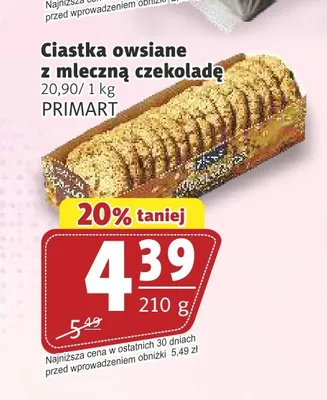 Ciastka owsiane z mleczną czekoladą Primart promocja w Prim Market