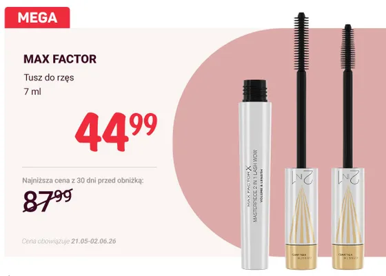 Tusz do rzęs Masterpiece 2 in 1 Lash Wow MAX FACTOR promocja w Rossmann