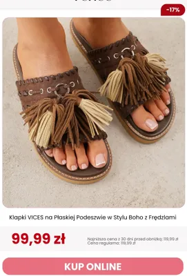 Klapki Vices na płaskiej podeszwie w stylu boho z frędzlami promocja w Renee