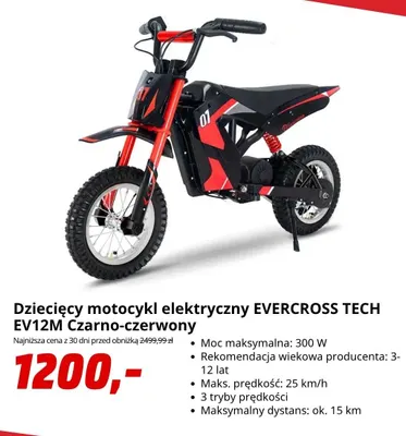 Dziecięcy motocykl elektryczny Evercross Tech EV12 m czarno-czerwony promocja w Media Markt