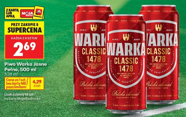 Piwo Warka Jasne Pełne promocja w Biedronka