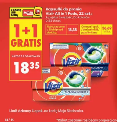 Kapsułki do prania Vizir All in 1 Pods Alpejska Świeżość promocja w Biedronka