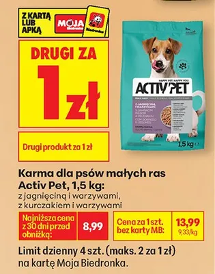 Karma dla psów małych ras Activ Pet z jagnięciną i warzywami, z kurczakiem i warzywami 1,5 kg promocja w Biedronka