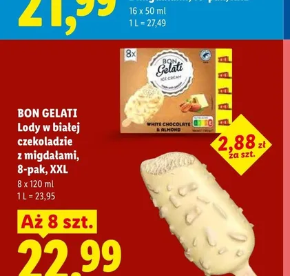 Lody w białej czekoladzie z migdałami BON GELATI 8-pak XXL promocja w Lidl