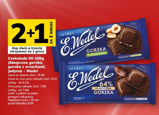 Czekolada 90-100g (klasyczna gorzka, gorzka z orzechami, Jedyna) promocja w Hitpol