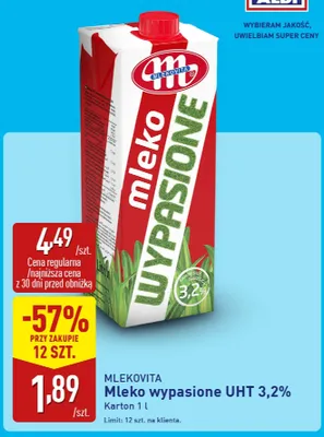 Mleko UHT wypasione 3,2% Mlekovita promocja w Aldi