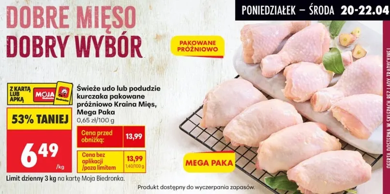 Kurczak udo lub podudzie pakowane próżniowo Kraina Mięs, Mega Paka promocja w Biedronka