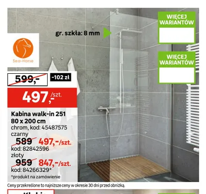 Kabina walk-in 251 80x200 cm chrom Sea-Horse promocja w Leroy Merlin