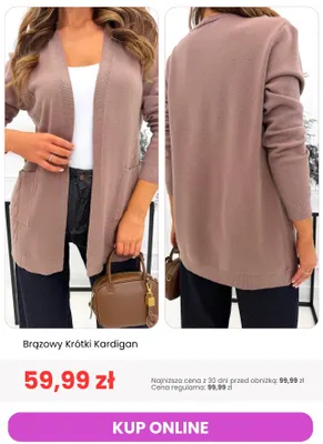 Brązowy krótki kardigan promocja w Modna Kiecka