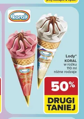 Lody truskawkowe w rożku Koral promocja w Carrefour Market