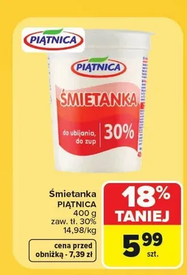 Śmietanka Piątnica 30% promocja w Carrefour Market
